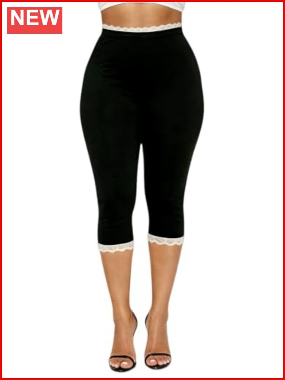 Lace Trim Capri Leggings High Waisted Stretchy Yoga Pants Knee Length